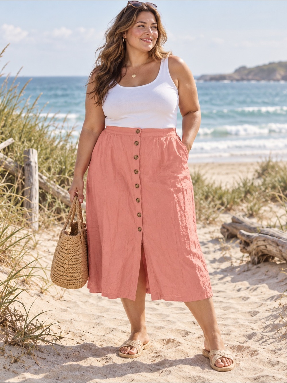 Universal Thread Coral Button-Front Midi Skirt